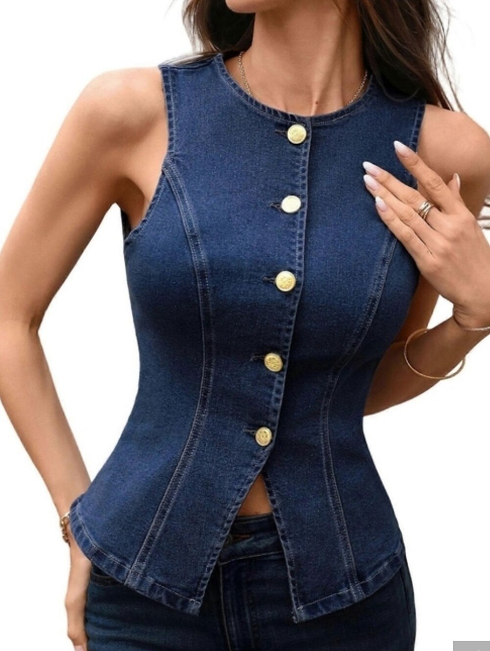Dark Blue Denim Button-Front Sleeveless Top Vest